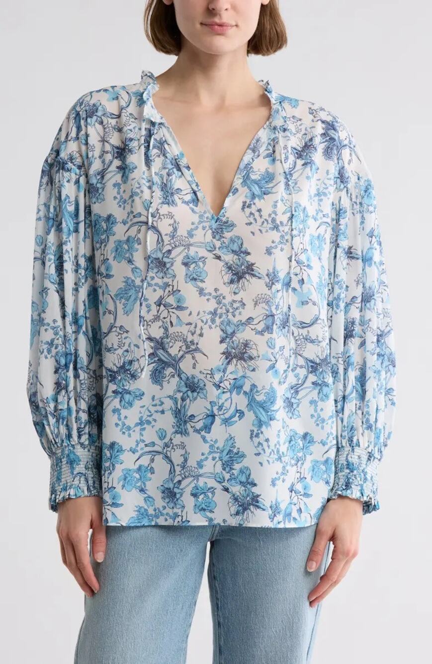 ALICE + OLIVIA Julius Tie Neck Blouson Sleeve Stretch Silk Top